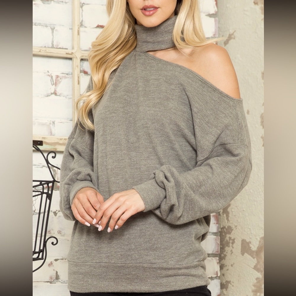 One shoulder, turtleneck sweater. Light Olive/gray. NWT